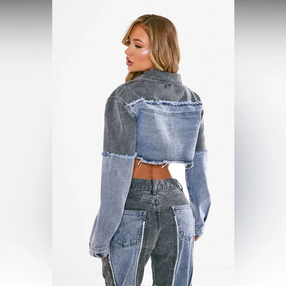 NWT PrettyLittleThing Washed Grey Double Layered Denim Cropped Jacket US Size 8 - Picture 5 of 14